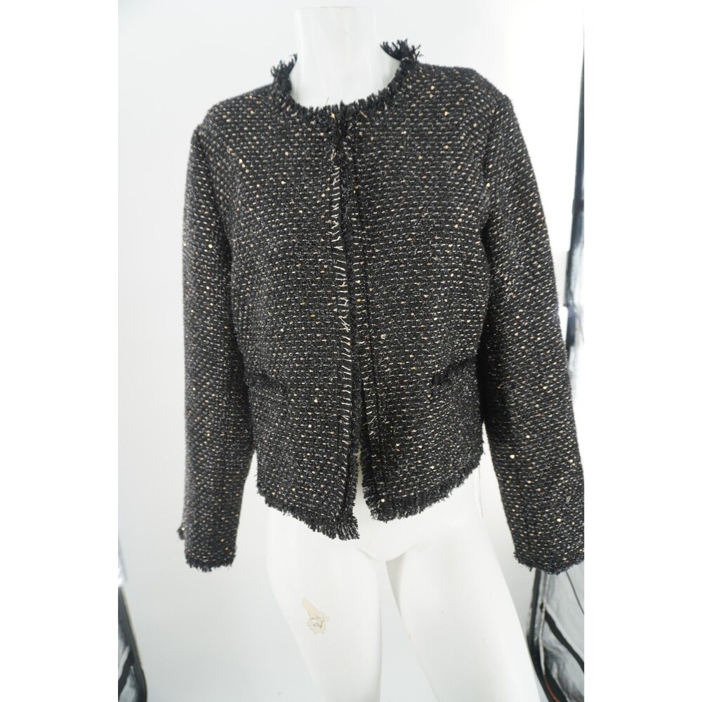 Elie Tahari Black Gold Metallic Tweed Fringe Trim Open Front Jacket Blazer Sz 12